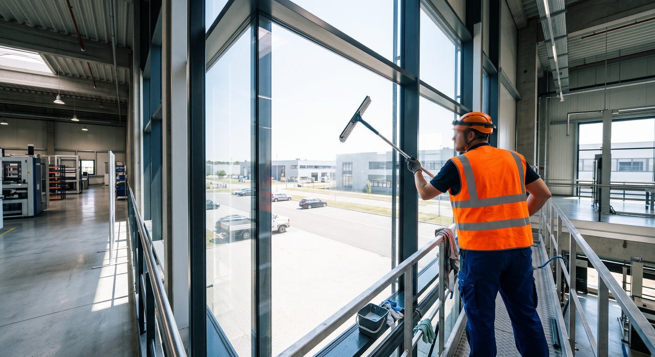 Reinigung einer großen Glasfassade mit Abzieher